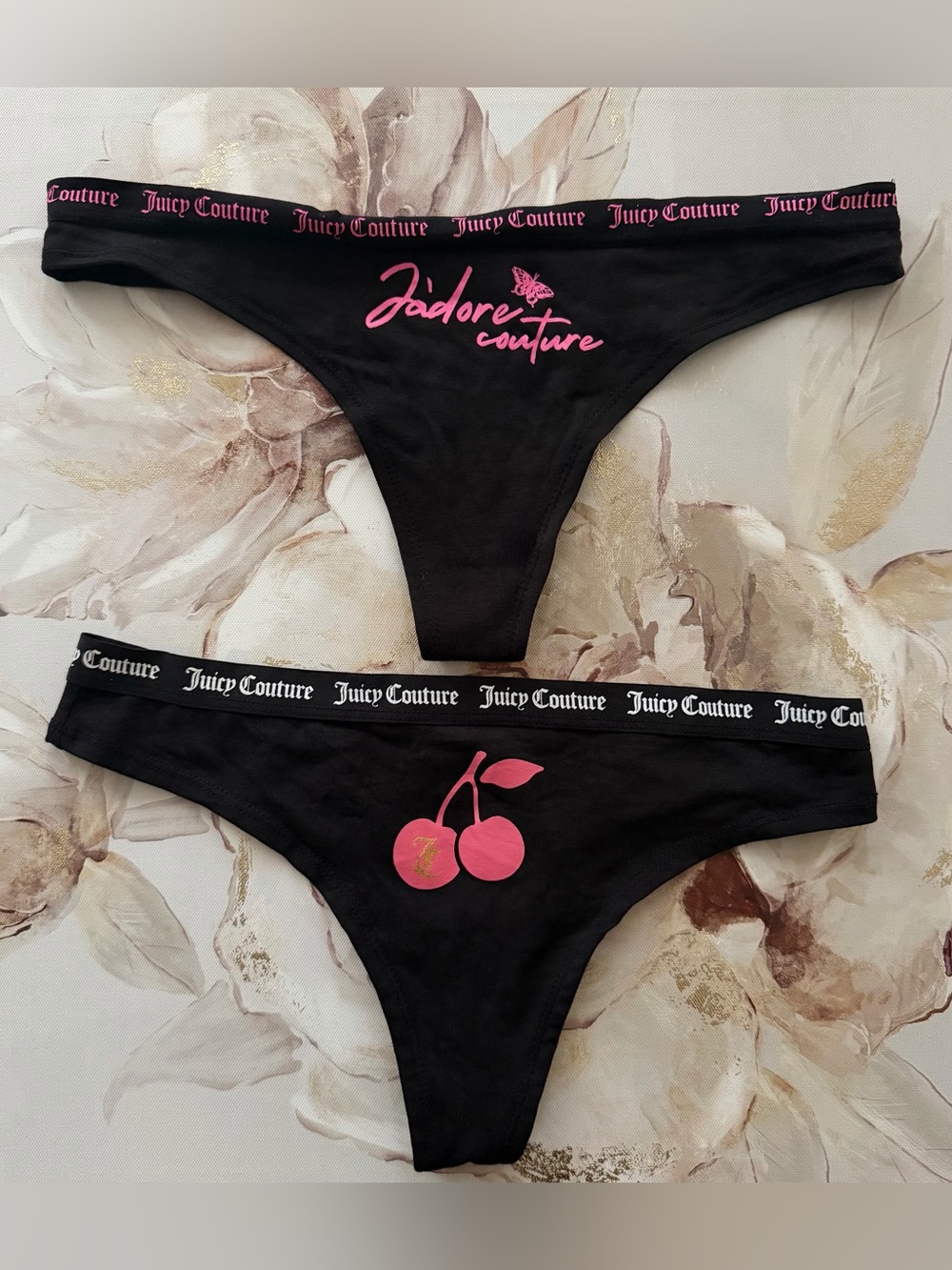 Juicy Couture Black Thongs with Pink Logo & Cherry Motif